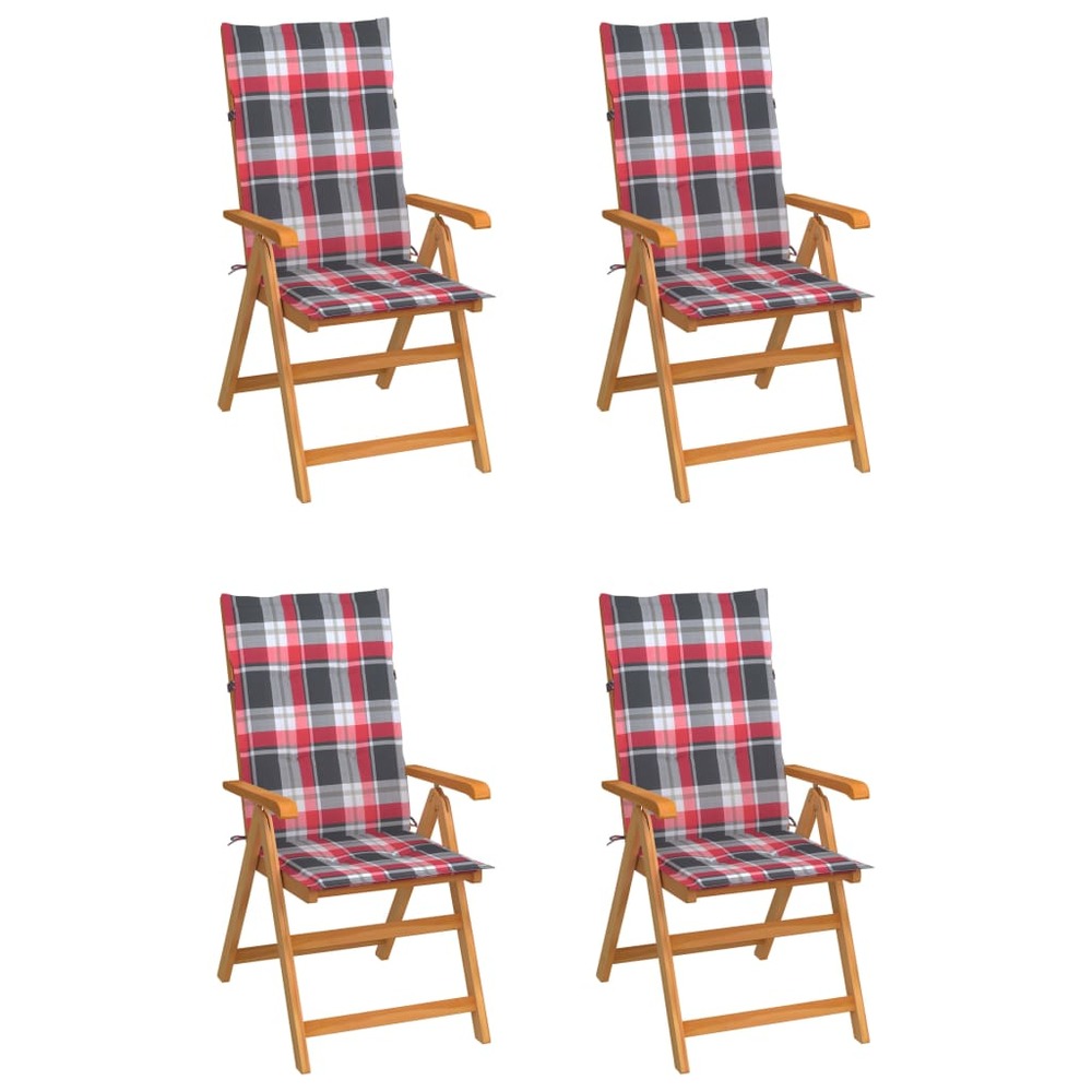 Chaises de jardin 4pcs et coussins à carreaux rouge teck solide