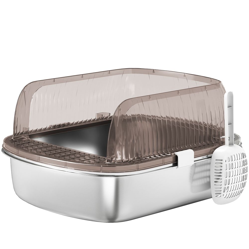 Maison de toilette pour chat acier inoxydable anti-odeur design semi-couvert avec pelle gris charbon