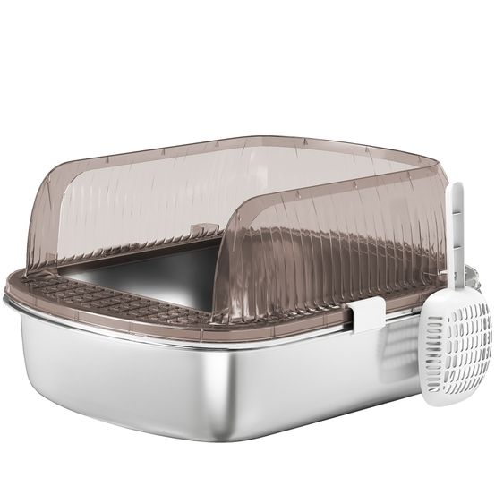Maison de toilette pour chat acier inoxydable anti-odeur design semi-couvert avec pelle gris charbon