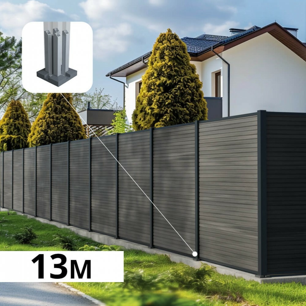 Kit clôture composite santos ardoise 13x1,8m - bois composite & aluminium - poteaux sur platines gris - brise vue - palissade