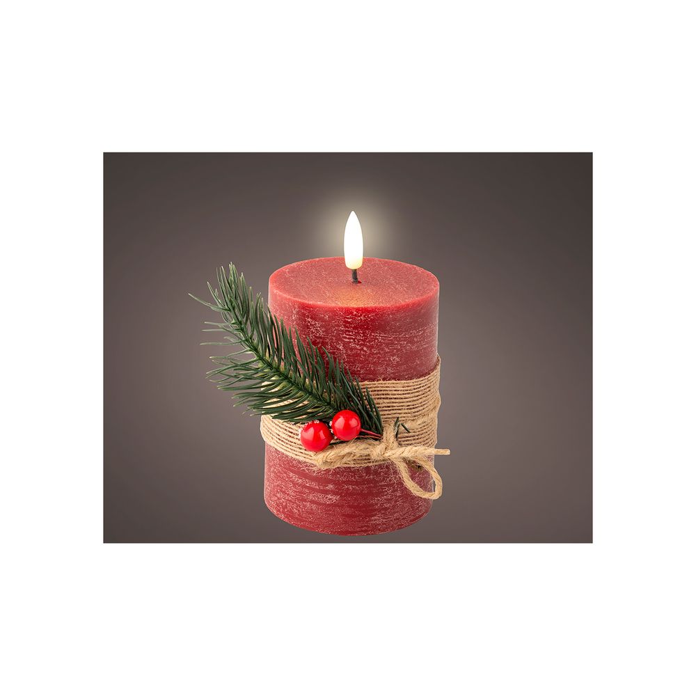 Bougie en cire led rouge, surface rustique avec branche, ø7,5x13cm. Lumineo