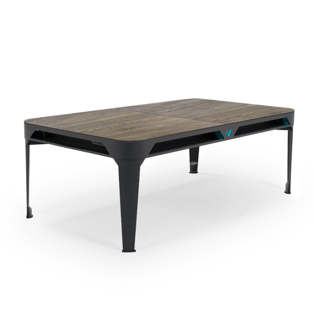 Billard d'extérieur convertible hyphen outdoor noir / tapis gris clair / réceptacles : bleu d'eau / plateaux : décor bois