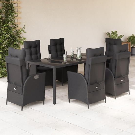 Ensemble à manger de jardin coussins 7pcs noir résine tressée