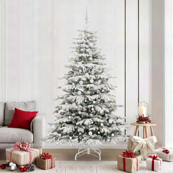 Sapin de noël blanc lumineux 210 cm, pack complet avec décorations et cimier