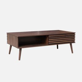 Table basse scandinave avec portes coulissantes décor bois rainuré et ...