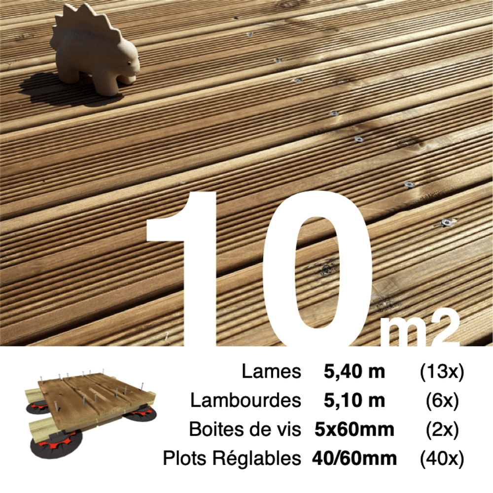 Kit complet terrasse pin autoclave marron pour 10 m², lames 5,4 m, lambourdes 5,1 m, plots réglables et visserie inox.