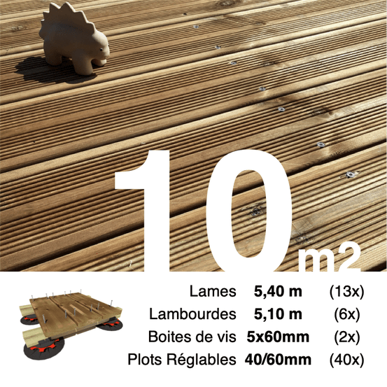 Kit complet terrasse pin autoclave marron pour 10 m², lames 5,4 m, lambourdes 5,1 m, plots réglables et visserie inox.