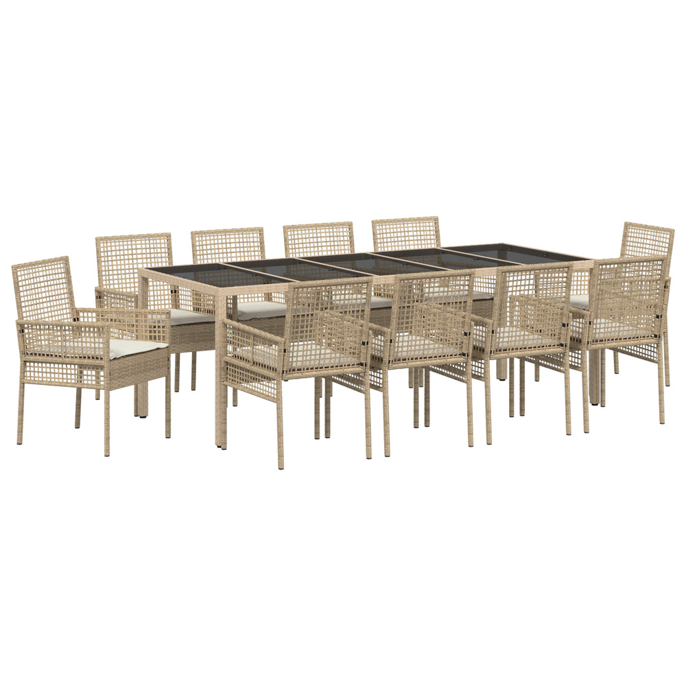 Ensemble de repas de jardin 11 pièces avec coussins beige poly rattan