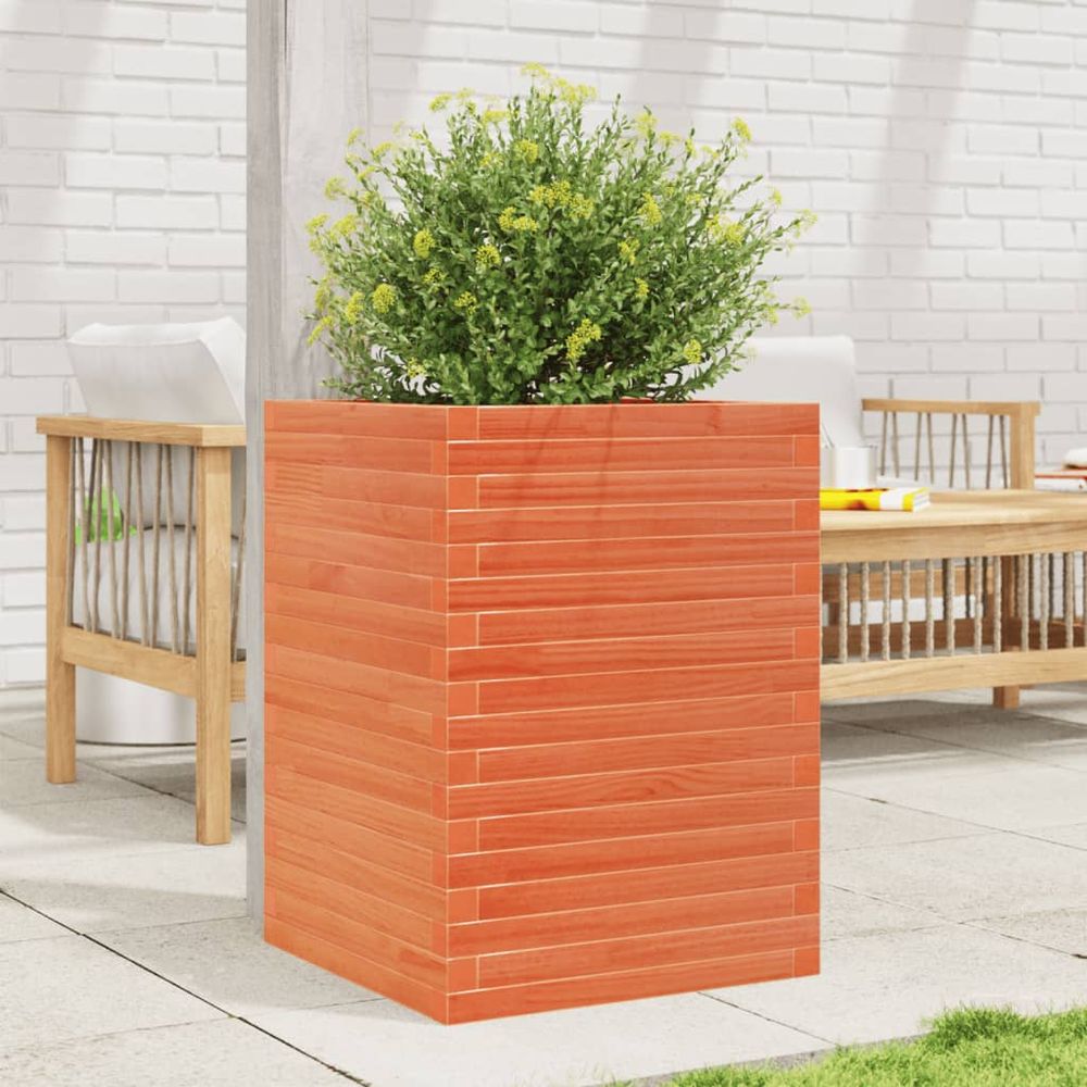 Jardinière haute carrée 50cm en bois de pin massif finition cire marron