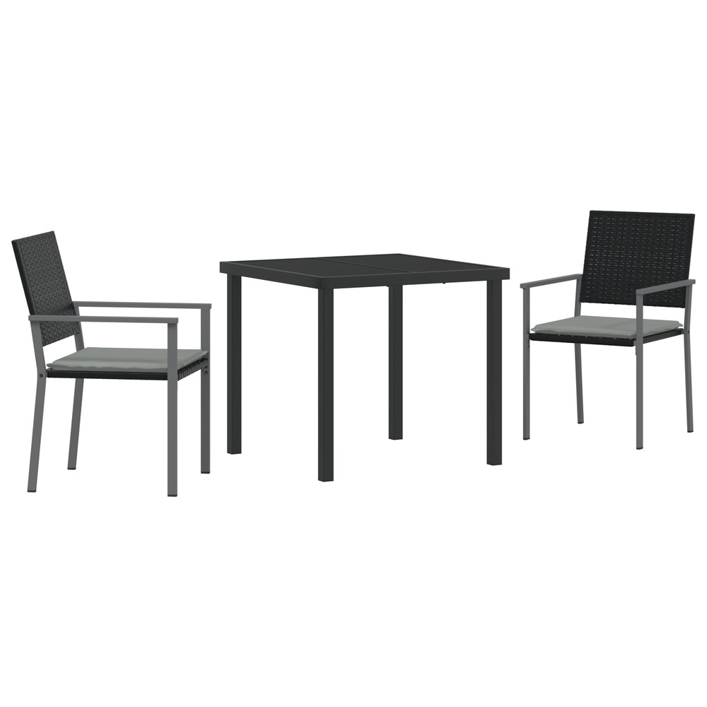 Set de jardin 3 pièces avec coussins noir poly rattan