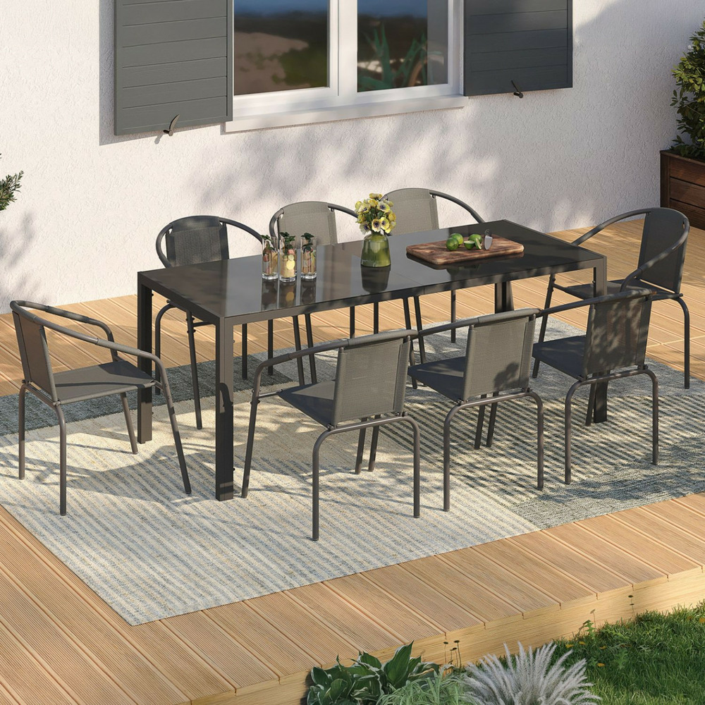 Salon de jardin thelma table 190 cm et 8 chaises empilables gris anthracite