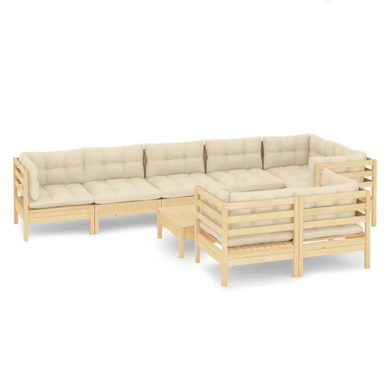 Salon de jardin 9 pcs avec coussins crème bois de pin massif