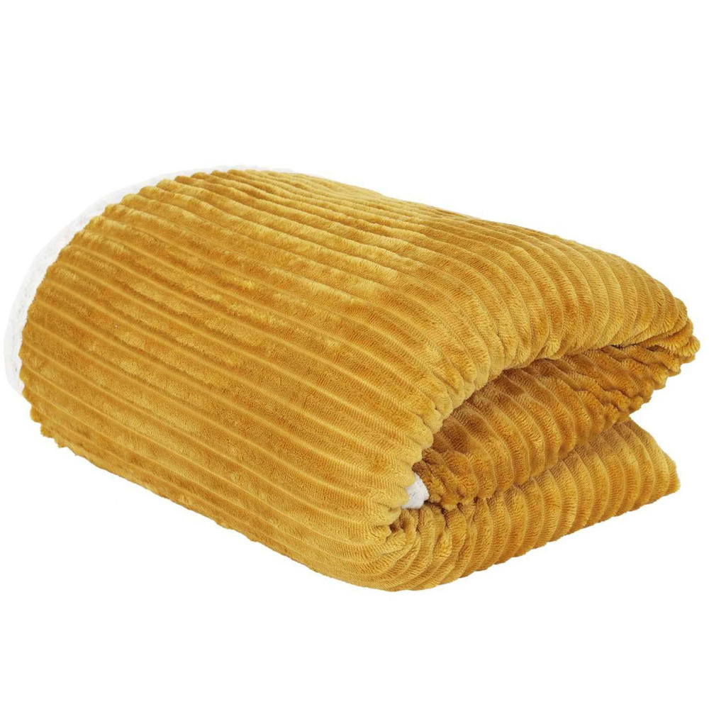 Plaid en flanelle cotelé doublure sherpa 180 x 220 cm moutarde