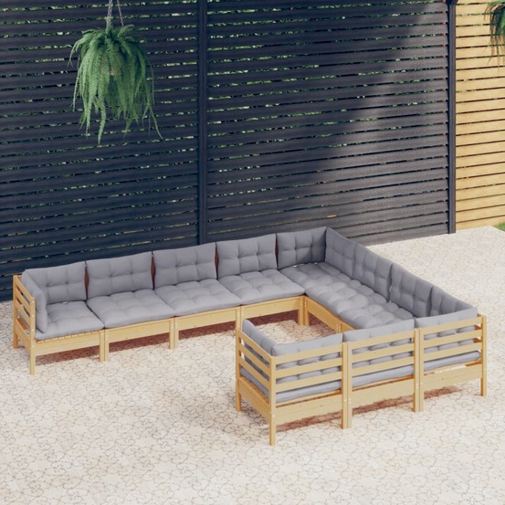 Salon de jardin 10 pcs avec coussins gris bois de pin
