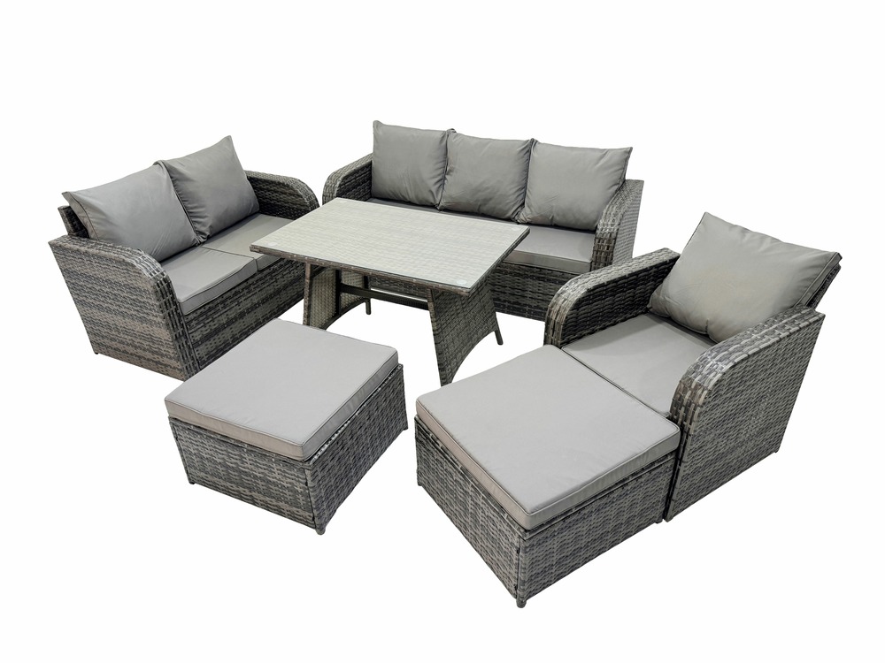 Salon de jardin exterieur 8 places table à manger rectangulaire 2 grand tabourets canapé d'amour chaise inclinable gris foncé mixte