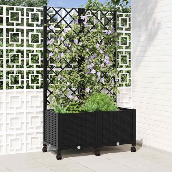 Bac à fleurs pp terrasse plantes grimpantes roues noir 80x40x146cm
