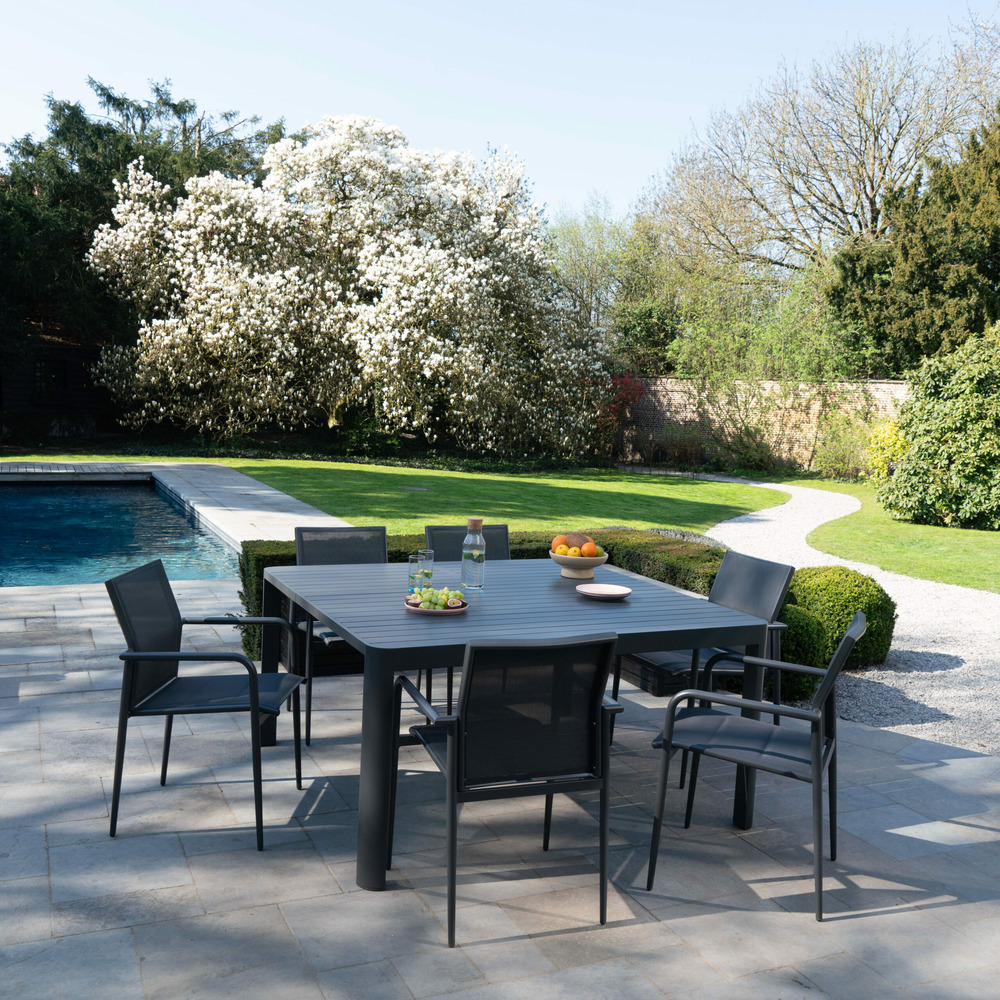 Ensemble carrée 4/8p en full aluminium gris avec 6 fauteuils como