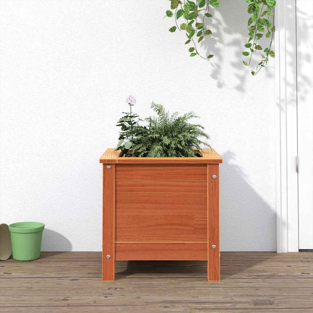 Cache-pot carré en pin massif finition cirée – bac à fleurs rustique et robuste pour terrasse ou jardin – 40x40cm brun