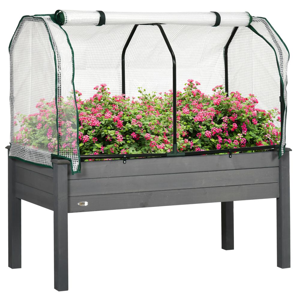Carré potager serre sur pieds bois pour extérieur grande capacité 104l avec bâche 121cm gris