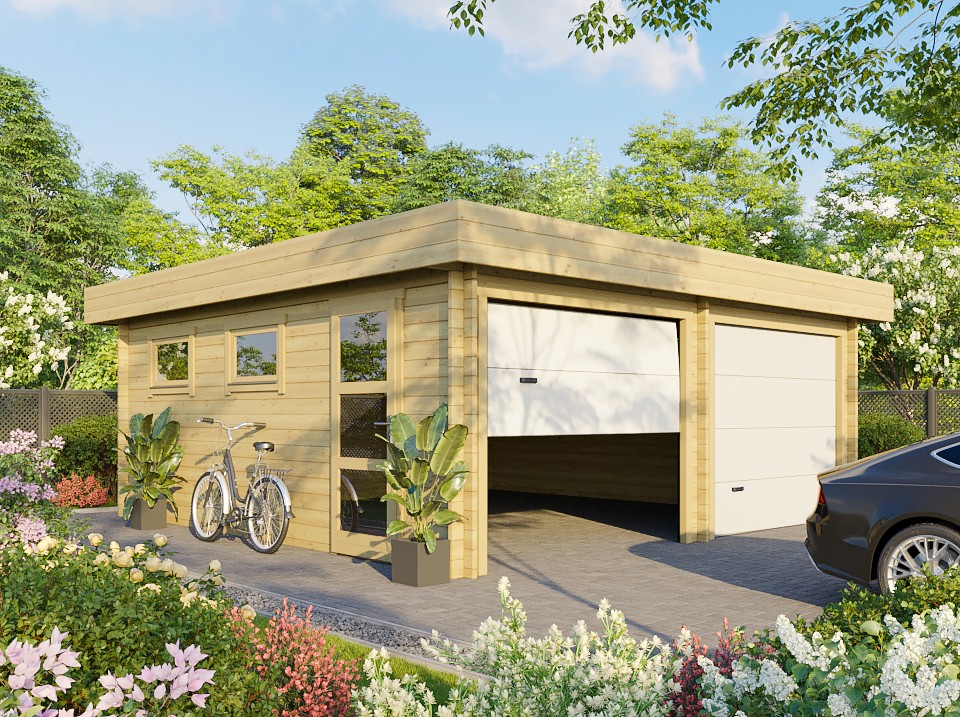 Garage bois 2 voitures chavagnac - epaisseur des murs : 44mm - portes sectionnelles - porte de service - fenêtres double vitrage