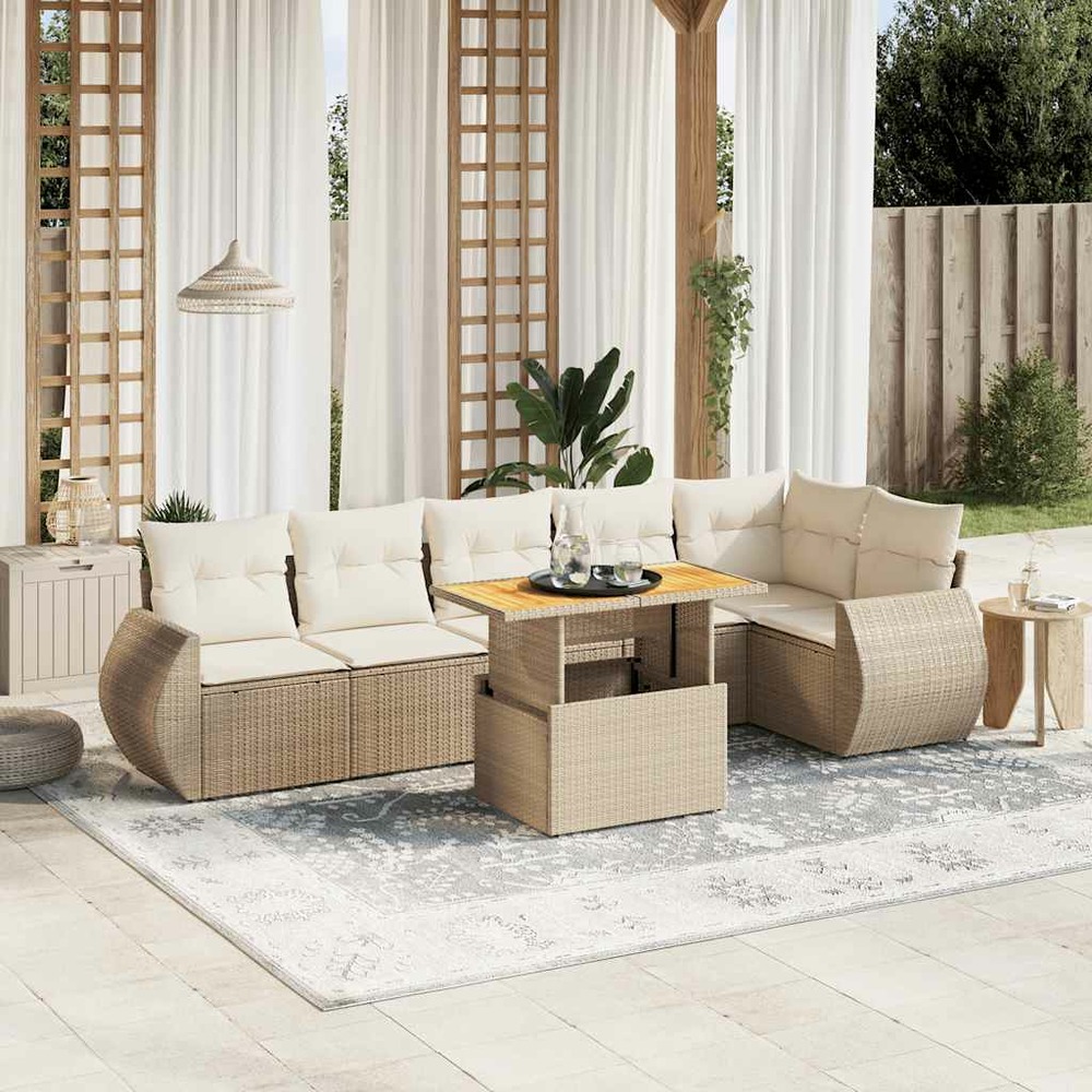 Salon de jardin avec coussins 7 pcs beige résine tressée
