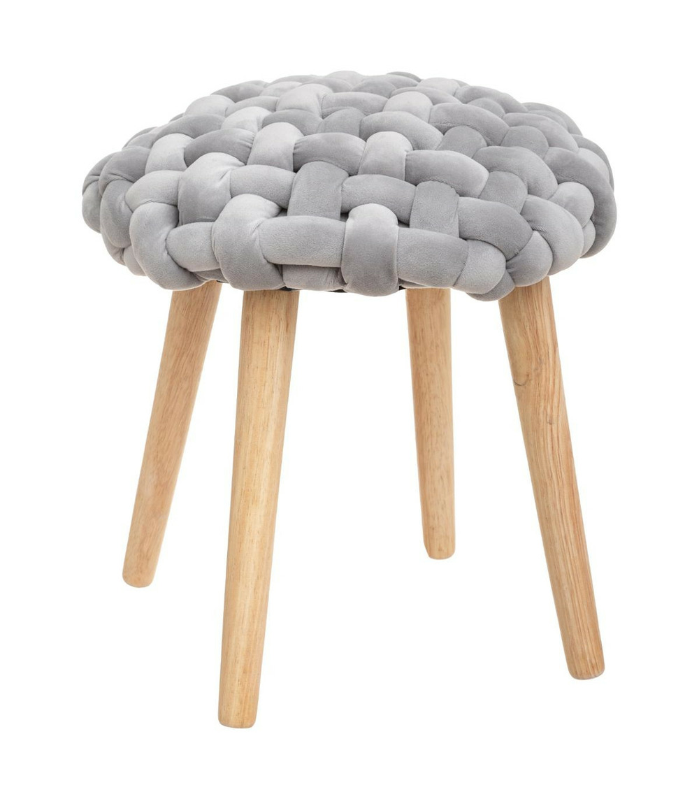 Tabouret pied en bois et assise tricot velours gris