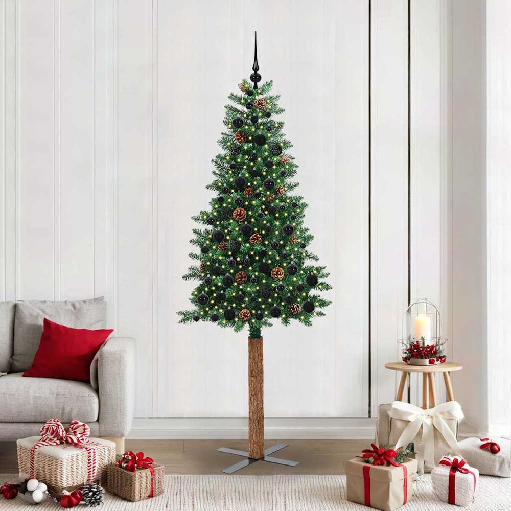 Sapin de noël étroit 210 cm avec guirlande 300 led, prêt à poser avec 120 boules incluses