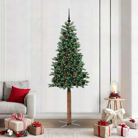 Sapin de noël étroit 210 cm avec guirlande 300 led, prêt à poser avec 120 boules incluses