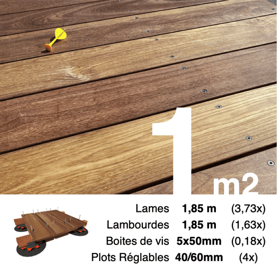 Kit complet terrasse bois exotique cumaru pour 1 m², lames 1,85 m, lambourdes 1,85 m, plots réglables et visserie inox.