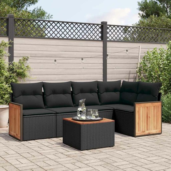 Salon de jardin 6 pcs avec coussins noir résine tressée