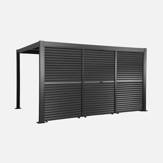 Pergola bioclimatique aluminium et acier 4x3m + 3 persiennes 130cm à lames orientables palace