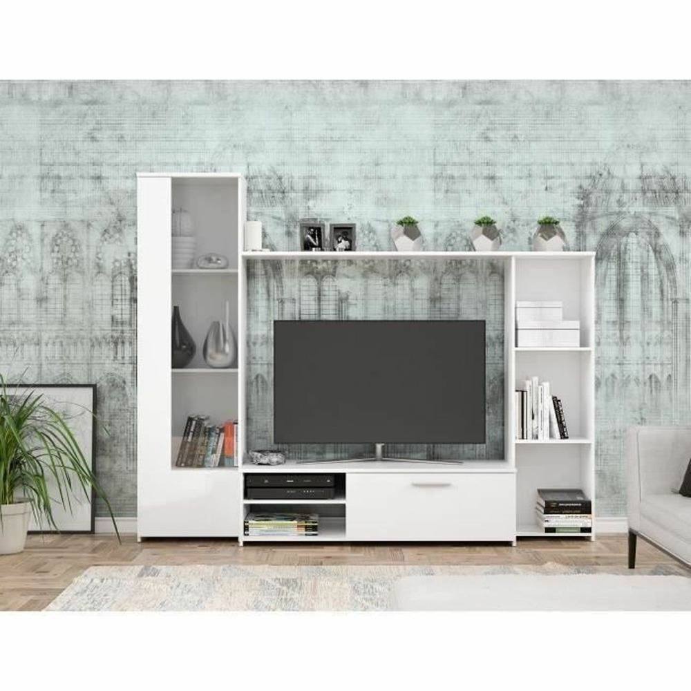 Meuble tv paroi particules mélaminé -blanc mat - porte vitrée + 1 abattant + 5 niches - 220 x 41 x 177,5 cm