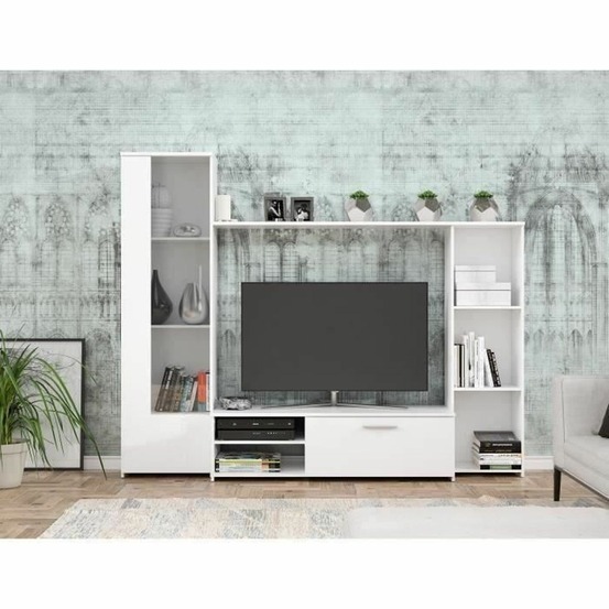 Meuble tv paroi particules mélaminé -blanc mat - porte vitrée + 1 abattant + 5 niches - 220 x 41 x 177,5 cm