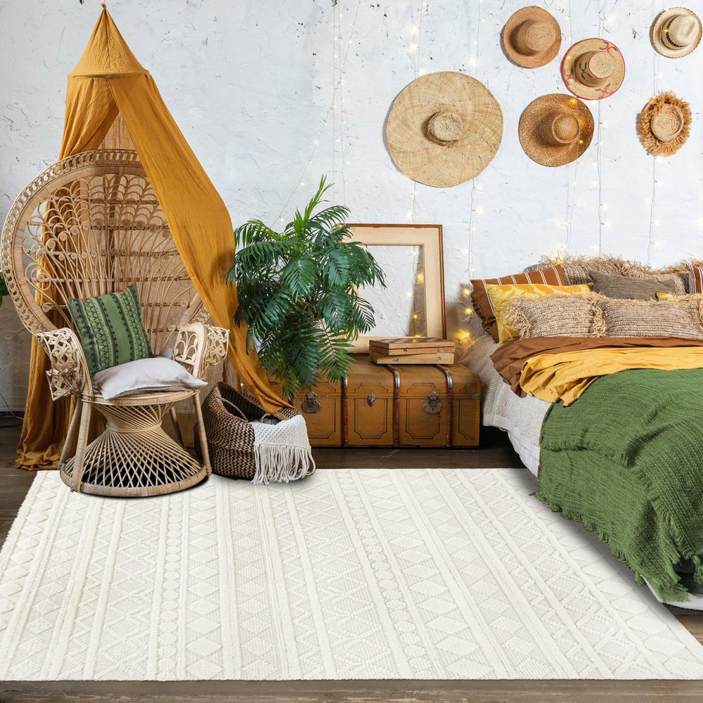 Tapis salon 160x230 tissé en laine crème rectangle motif scandinave tinca