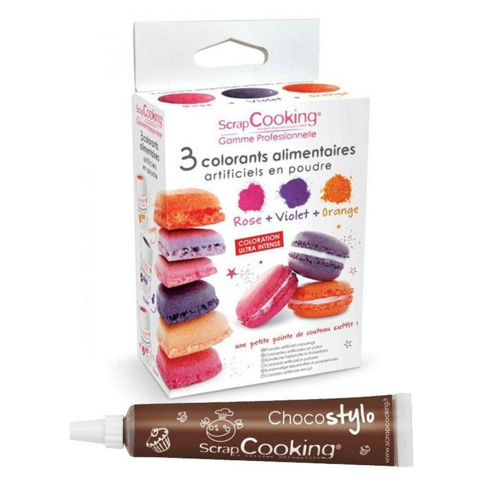 3 colorants alimentaires orange, violet, rose + 1 stylo chocolat
