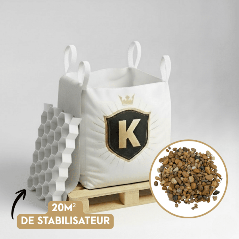 Kit galets jaune + dalles stabilisatrices = 1 big bag galet bellegarde 10/16 1,5t + 20m2 dalles stabilisatrices blanches