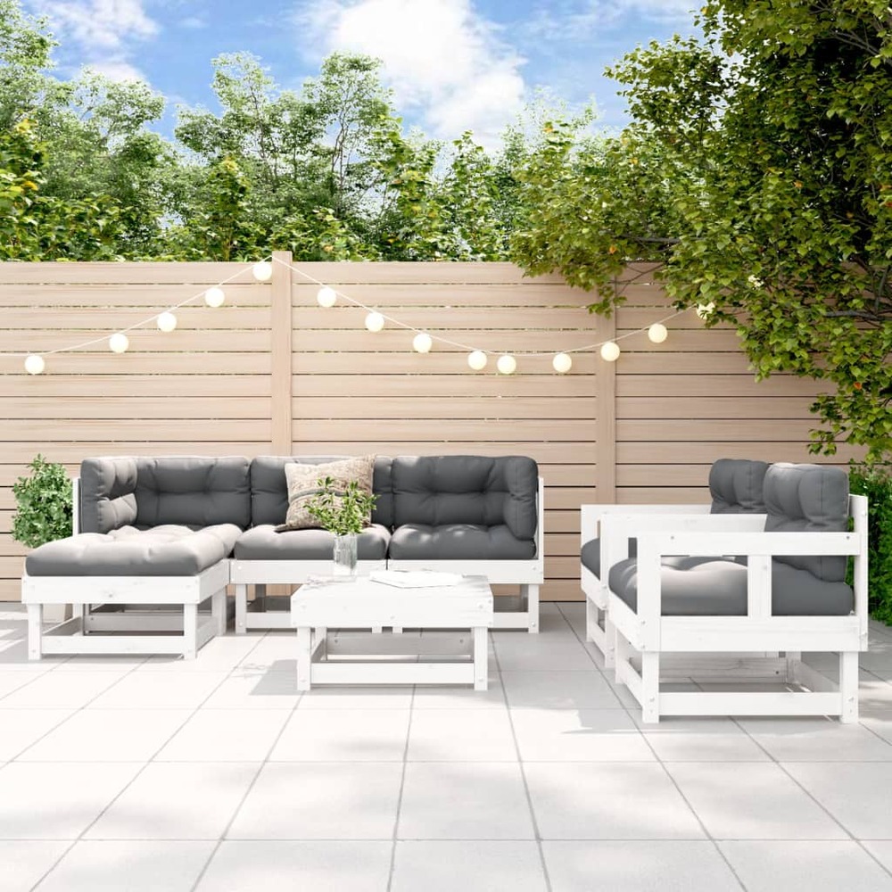Salon de jardin 7 pcs blanc bois de pin massif