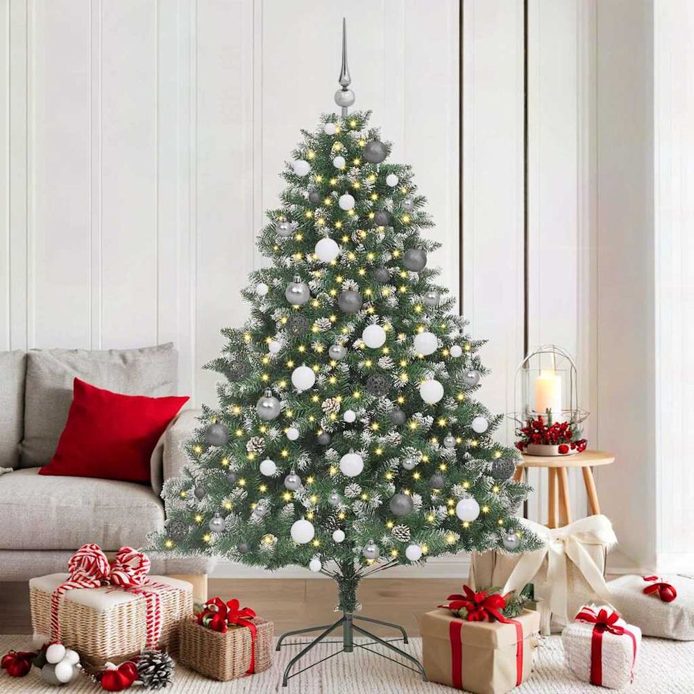 Sapin de noël touffu 180 cm, 8 effets de lumière (300 led) & set déco complet inclus