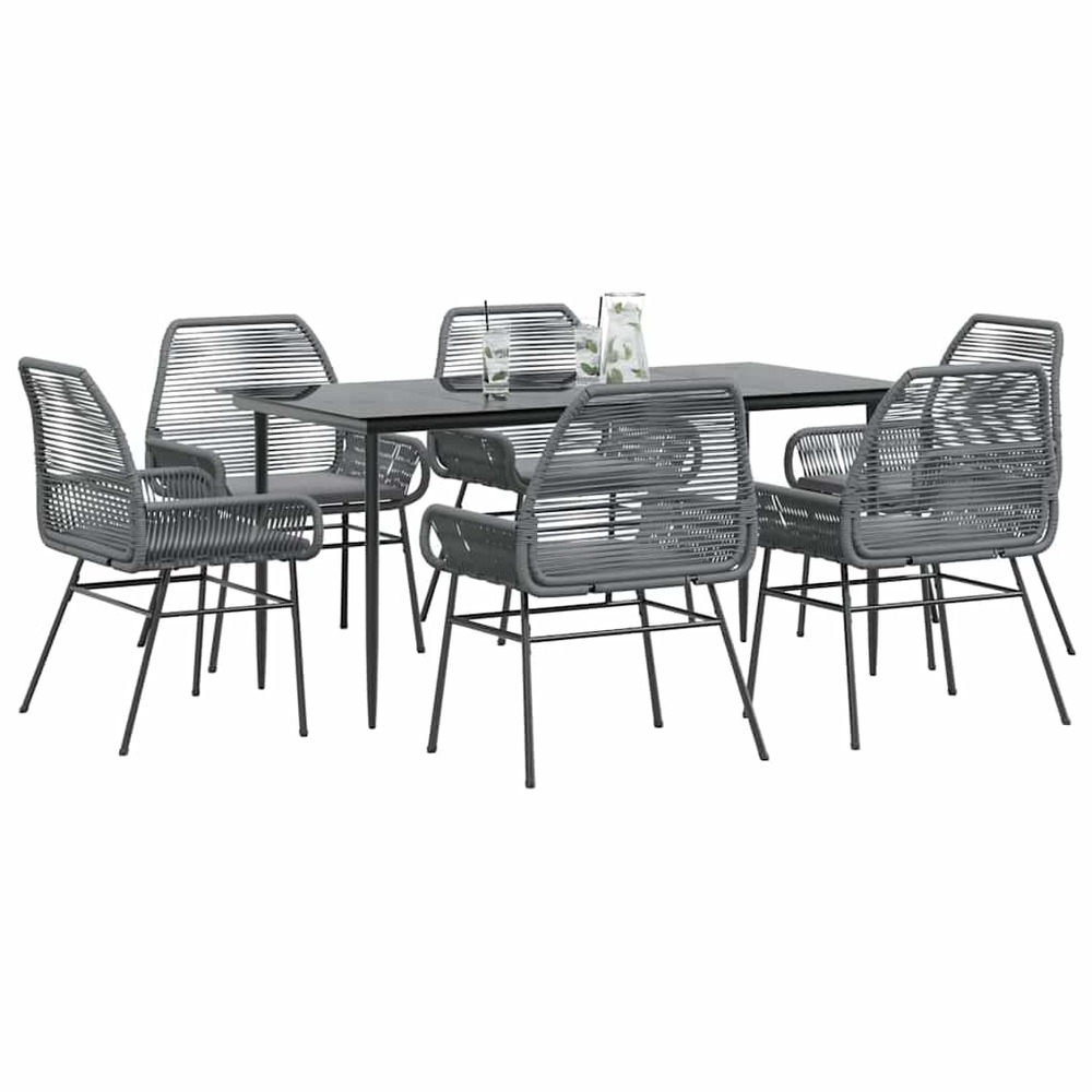 Ensemble à manger jardin coussins 7 pcs gris poly rotin verre