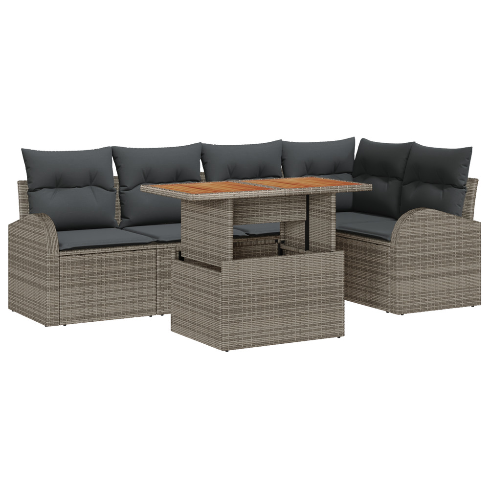 Set de jardin de 6 pièces avec coussins gris en poly rattan et acacia
