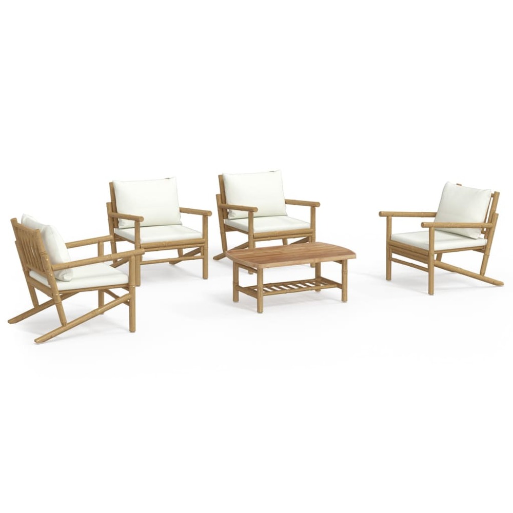 Salon de jardin 5 pcs avec coussins blanc crème bambou