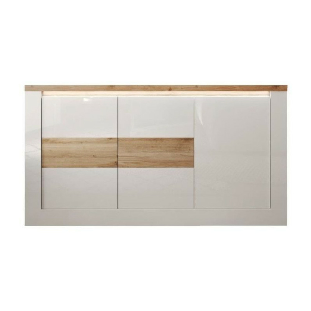 Buffet - imola - blanc laqué brillant / chene clair - 3 portes - 160 x 43 x 88 cm - eclairage led
