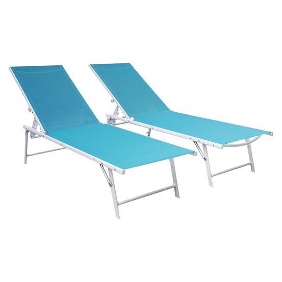 Lot de 2 bains de soleil pliants sicilia en textilène bleu - structure blanche