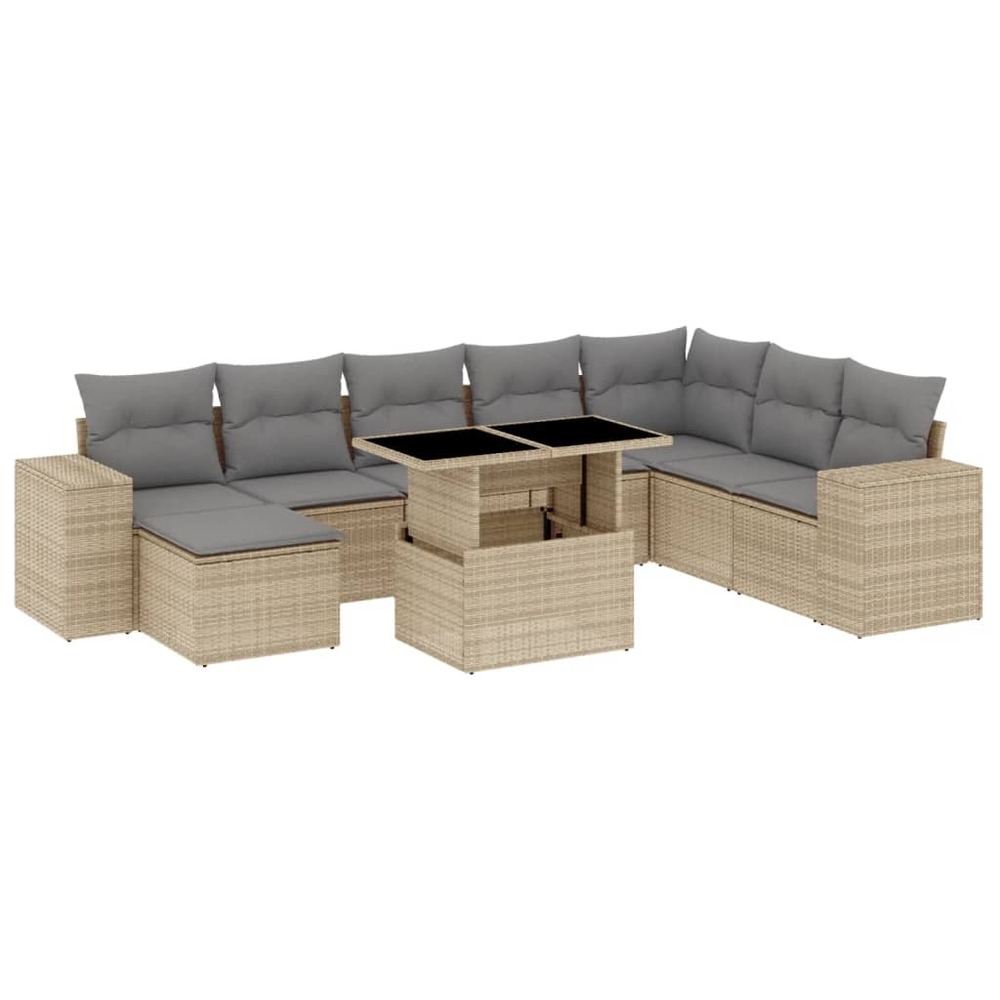 Salon de jardin avec coussins 9 pcs beige résine tressée