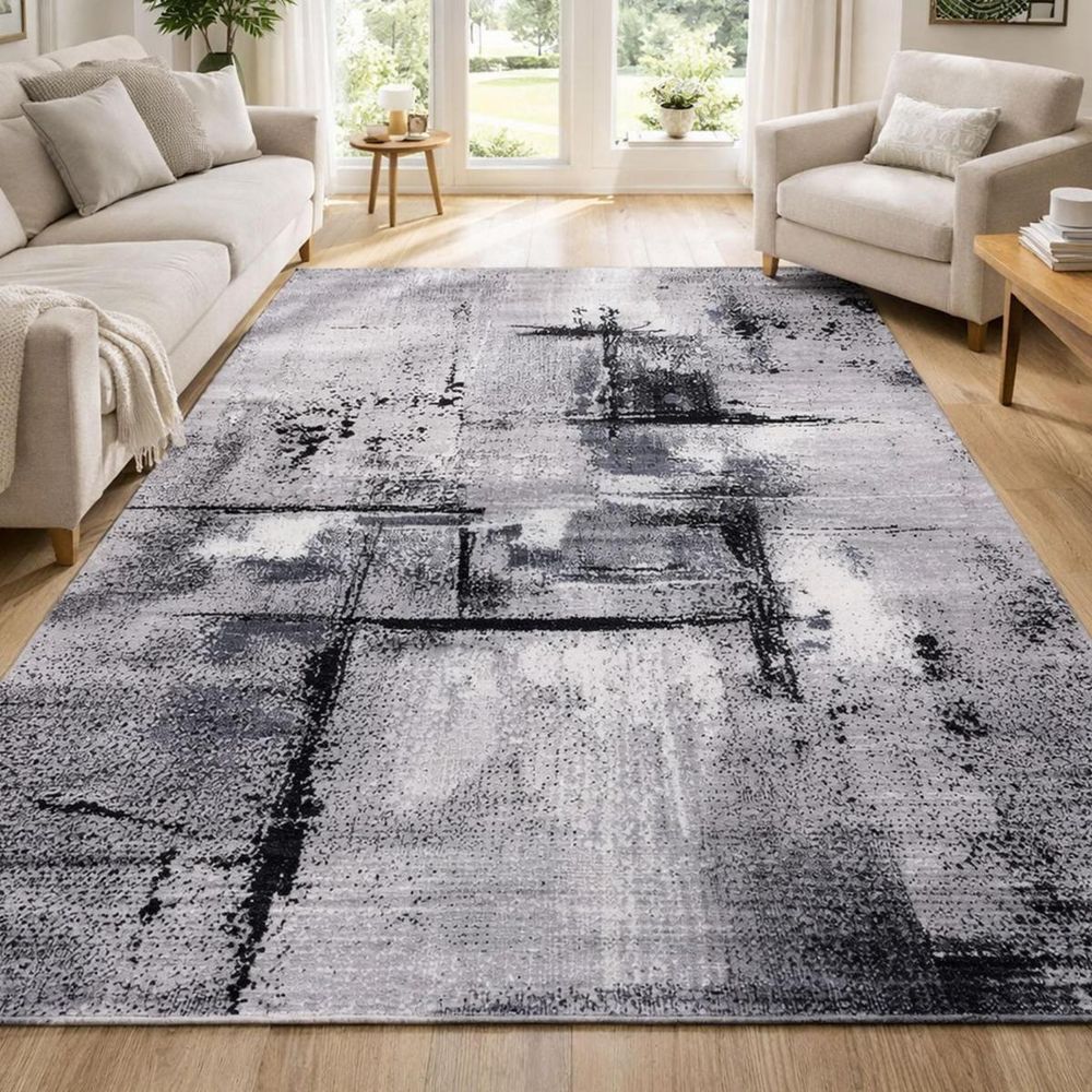 Tapis grand salon 280x365 tissé gris rectangle motif abstrait lyn1 tablo