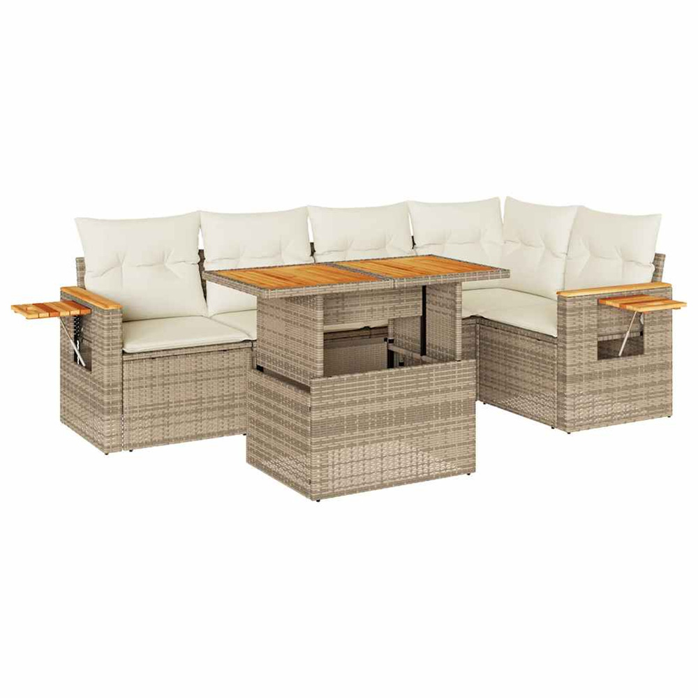 Salon de jardin 6 pcs avec coussins beige résine tressée acacia