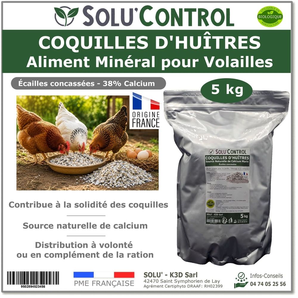5 kg écailles de coquilles d'huîtres pour volailles (poules, oies, ...) - solu'control - aliment minéral- 38% calcium
