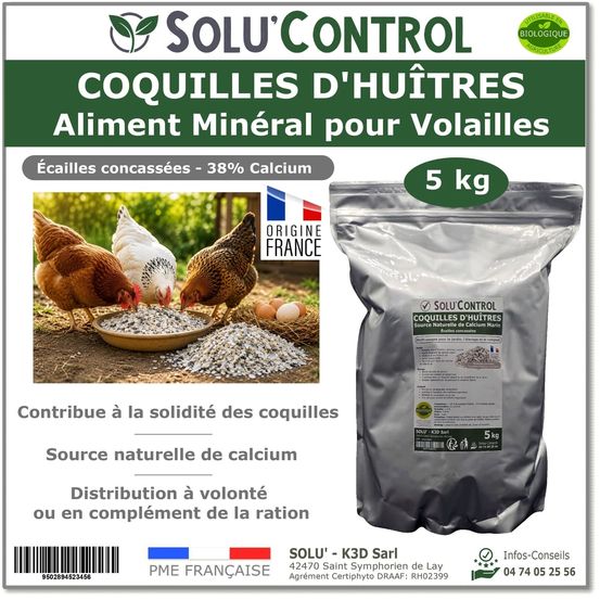 5 kg écailles de coquilles d'huîtres pour volailles (poules, oies, ...) - solu'control - aliment minéral- 38% calcium