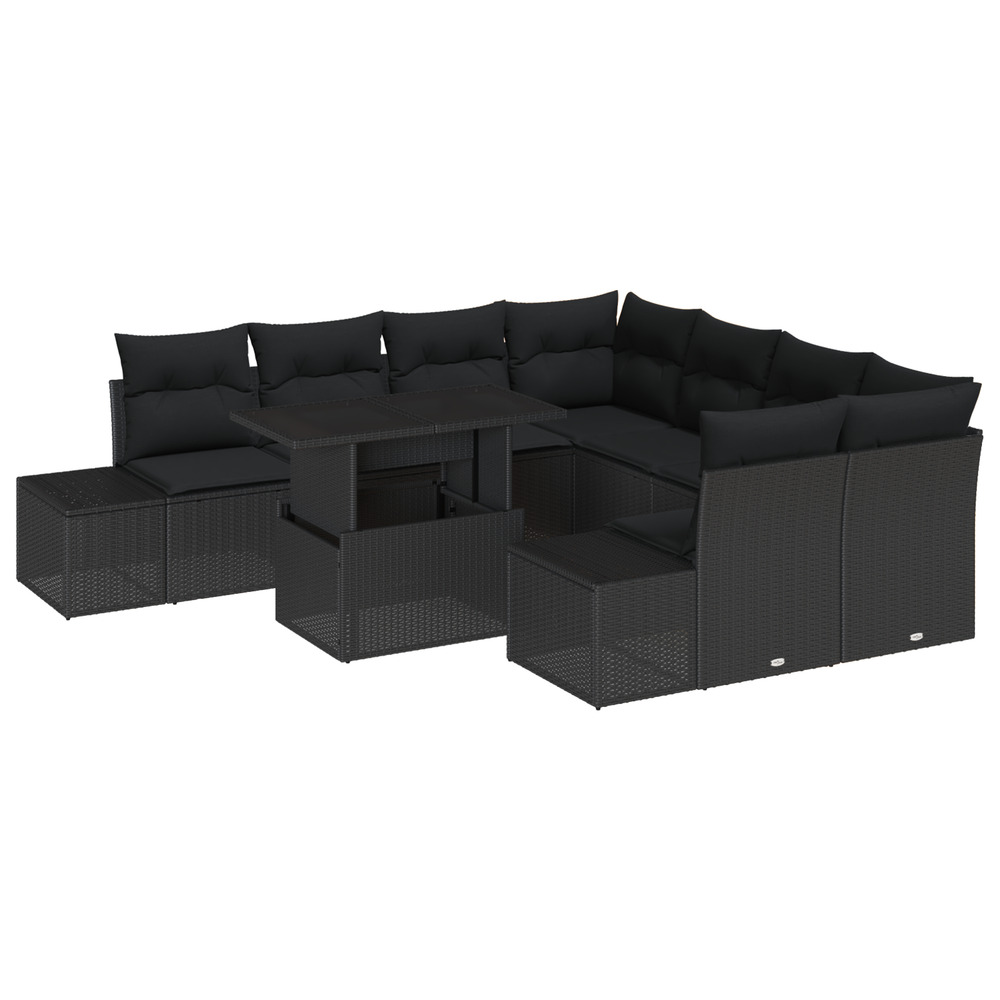 Ensemble de canapé de jardin 9 pièces avec coussins en poly rattan noir