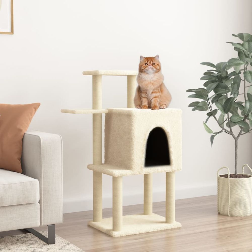 Arbre à chat compact en sisal avec niche pour jeu et repos crème 97 cm